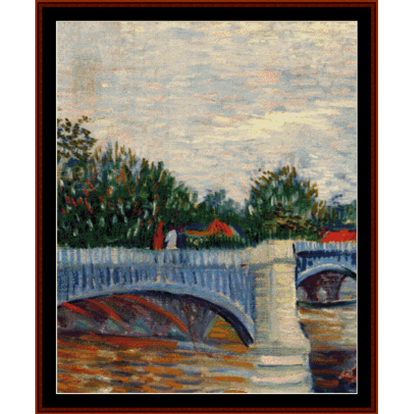Counted Cross Stitch Pattern by Cross Stitch Collectibles a bridge, trees, and a person, with a large red and white bridge in the background.