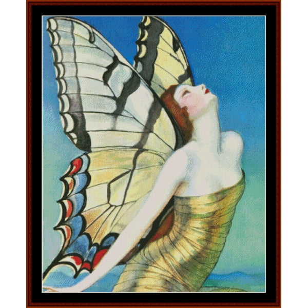 Counted Cross Stitch Pattern by Cross Stitch Collectibles of a woman with butterfly wings against a blue sky.