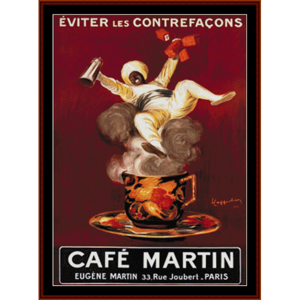 Counted Cross Stitch Pattern by Cross Stitch Collectibles - Vintage-style advertisement poster for Café Martin featuring a winged figure and steaming cup.