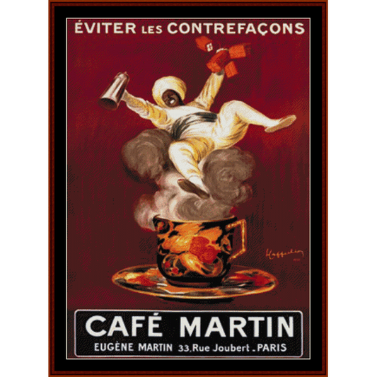 Counted Cross Stitch Pattern by Cross Stitch Collectibles - Vintage-style advertisement poster for Café Martin featuring a winged figure and steaming cup.
