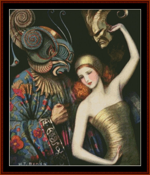 Counted Cross Stitch Pattern by Cross Stitch Collectibles - Artistic depiction of a figure with intricate patterns and another figure in a flowing garment, set against a dark background.