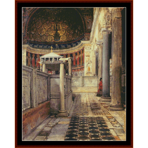 Church of San Clemente, Rome - A framed art print depicting a grand interior cathedral or basilica with ornate domes, columns, tiled floors, and a small figure in red near the right side.