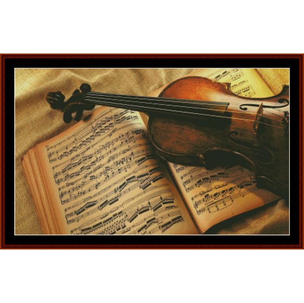 Classical Violin - A framed art print depicting a brown violin resting on open vintage sheet music