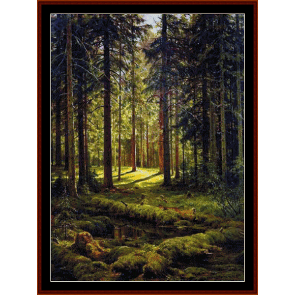 Counted Cross Stitch Pattern by Cross Stitch Collectibles of a coniferous forest scene with a pathway in the center, depicted in a colorful and detailed illustration.