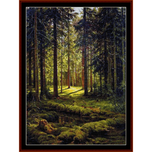 Counted Cross Stitch Pattern by Cross Stitch Collectibles of a coniferous forest scene with a pathway in the center, depicted in a colorful and detailed illustration.