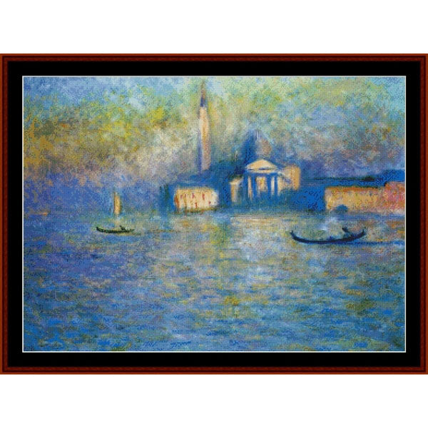 Counted Cross Stitch Pattern – San Giorgio Maggiore by Claude Monet - Cross Stitch Collectibles - Framed impressionist-style painting of a water scene with gondolas and buildings