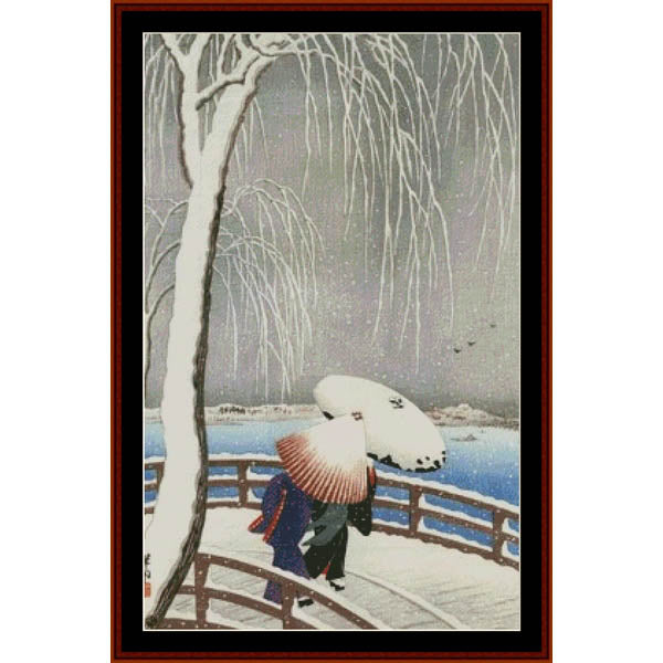 Counted Cross Stitch Pattern – Snow Time at Willow Bridge, Asian Art - Cross Stitch Collectibles
