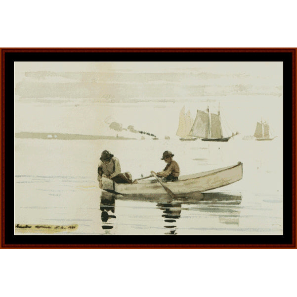 Counted Cross Stitch Pattern – Boys Fishing by Winslow Homer - Cross Stitch Collectibles - A framed watercolor painting depicting two men rowing a small boat on calm water, with sailing ships in the distance. 