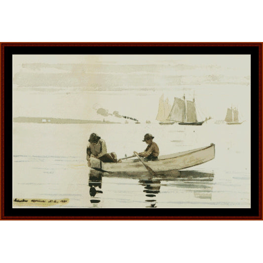 Counted Cross Stitch Pattern – Boys Fishing by Winslow Homer - Cross Stitch Collectibles - A framed watercolor painting depicting two men rowing a small boat on calm water, with sailing ships in the distance. 