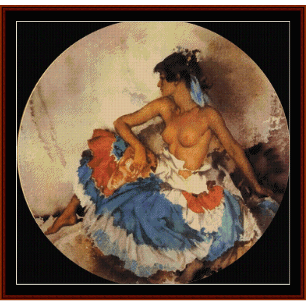 Counted Cross Stitch Pattern by Cross Stitch Collectibles of a woman with a blue headscarf and orange garment, sitting on a rock.