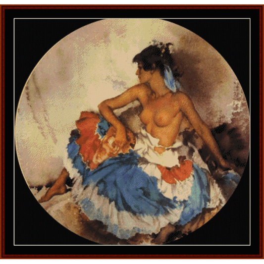 Counted Cross Stitch Pattern by Cross Stitch Collectibles of a woman with a blue headscarf and orange garment, sitting on a rock.