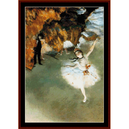Counted Cross Stitch Pattern by Cross Stitch Collectibles featuring a painting of a ballerina in a pink tutu, performing on stage, with a backdrop of a cliff and a moonlit scene.