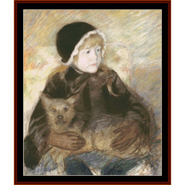 Counted Cross Stitch Pattern by Cross Stitch Collectibles featuring a young girl in a brown coat holding a small brown and white dog, based on the painting by Mary Cassatt