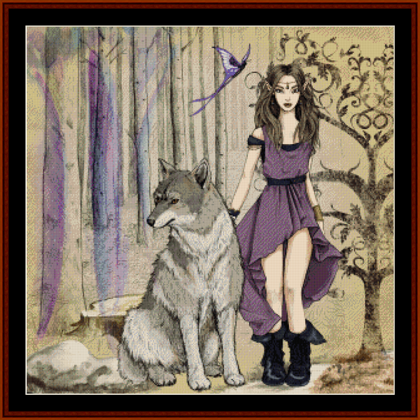 Counted Cross Stitch Pattern by Cross Stitch Collectibles  featuring an illustration of an elf with a wolf, with a fantasy forest setting in the background.
