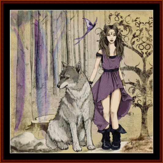 Counted Cross Stitch Pattern by Cross Stitch Collectibles  featuring an illustration of an elf with a wolf, with a fantasy forest setting in the background.