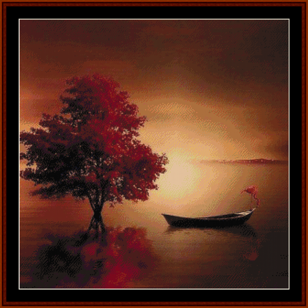 Counted Cross Stitch Pattern by Cross Stitch Collectibles depicting a serene seascape with a red tree, a boat, and a moonlit sky.