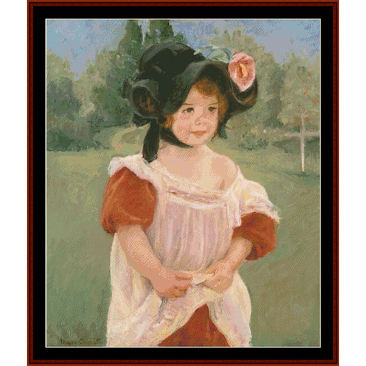 Counted Cross Stitch Pattern by Cross Stitch Collectibles of a young girl in a garden wearing a black hat with a pink flower.