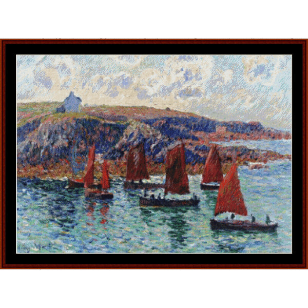 Counted Cross Stitch Pattern by Cross Stitch Collectibles of sailboats with red sails near a coastal landscape