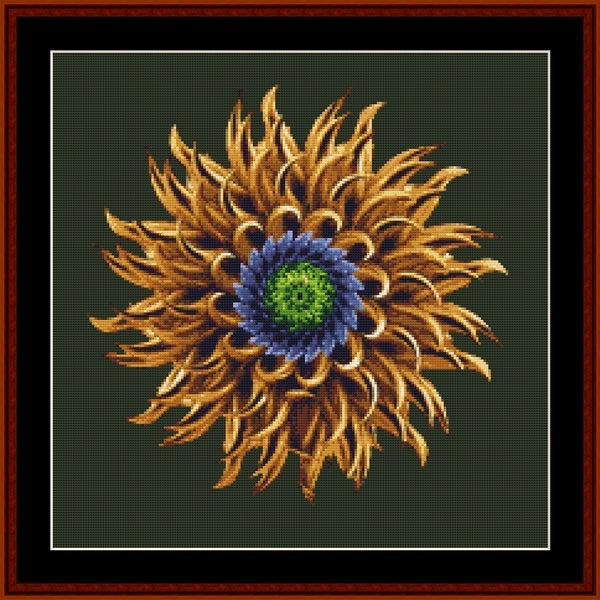 Embroidered sunflower with blue center on a dark background - Counted Cross Stitch Pattern by Cross Stitch Collectibles