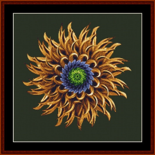 Embroidered sunflower with blue center on a dark background - Counted Cross Stitch Pattern by Cross Stitch Collectibles