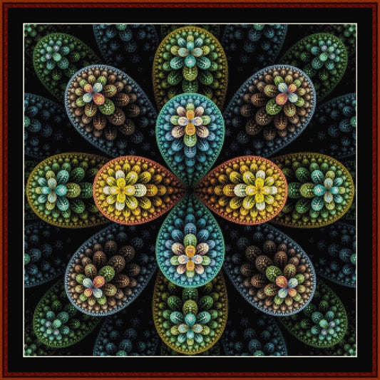 Colorful floral Counted Cross Stitch Pattern by Cross Stitch Collectibles on a black background