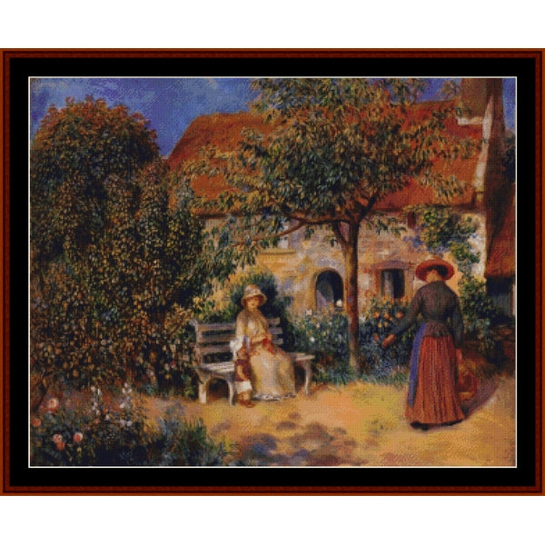 Counted Cross Stitch Pattern by Cross Stitch Collectibles of two women in a garden with a house in the background