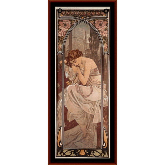 Counted Cross Stitch Pattern: Night's Rest by Alphonse Mucha - Cross Stitch Collectibles - A framed Art Nouveau style wall art print featuring a seated woman in flowing pale drapery, surrounded by ornate floral and geometric border details in warm beige, brown, pink, and black tones.