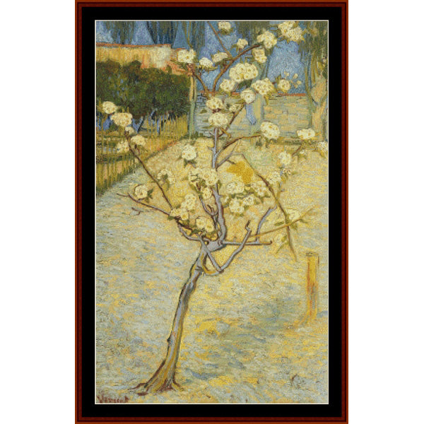 Counted Cross Stitch Pattern: Pear Tree in Blossom by Vincent Van Gogh - Cross Stitch Collectibles - Framed impressionist painting of a flowering tree, with white blossoms on branches against a yellow and blue ground