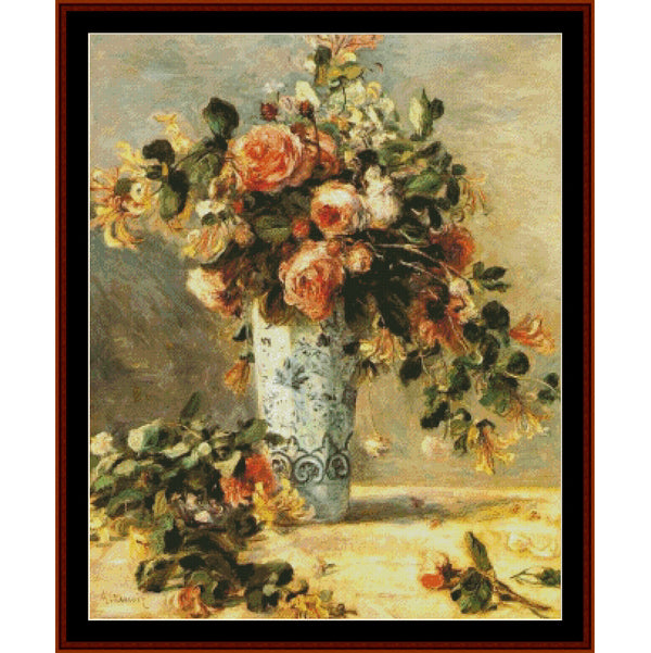 Counted Cross Stitch Pattern – Roses & Jasmine in Delft Vase by Pierre Auguste Renoir - Cross Stitch Collectibles - A framed still life painting of a floral bouquet in a patterned vase, with roses and other flowers in soft pastel tones against a muted background.