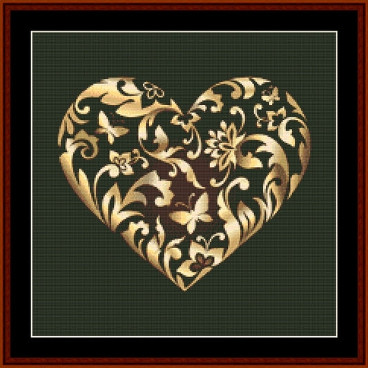 Decorative heart design with gold patterns on a black background - Counted Cross Stitch Pattern by Cross Stitch Collectibles