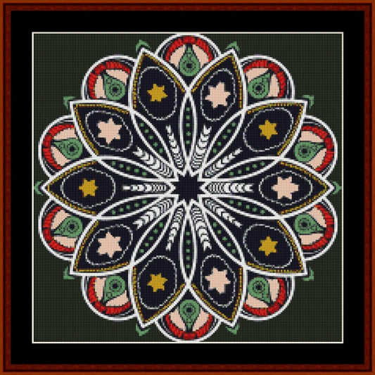 Colorful mandala Counted Cross Stitch Pattern by Cross Stitch Collectibles on a dark background