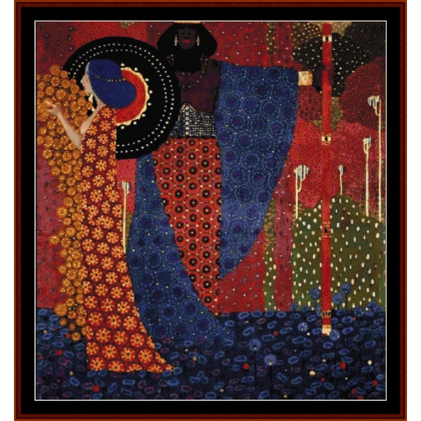 Counted Cross Stitch Pattern - Princess and Warrior by Vittorio Zecchin - Cross Stitch Collectibles - An abstract art print or quilt featuring two stylized figures in a patterned, geometric style. The left figure wears an orange and yellow floral pattern, while the right figure wears a large black hat and a blue and red patterned dress.