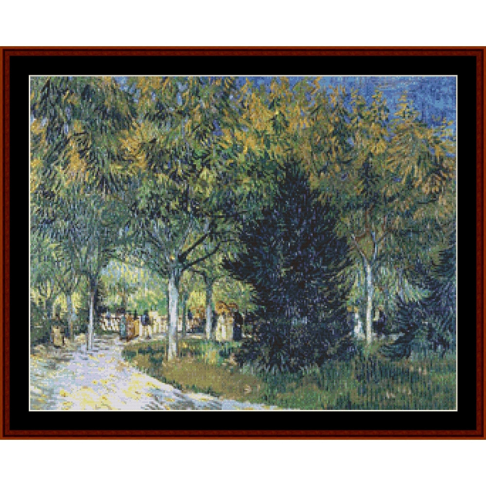 Counted Cross Stitch Pattern - Promenaders by Vincent Van Gogh - Cross Stitch Collectibles - A framed impressionist landscape painting depicting a sunlit tree-lined path with green and yellow foliage, blue sky, and a dark evergreen tree