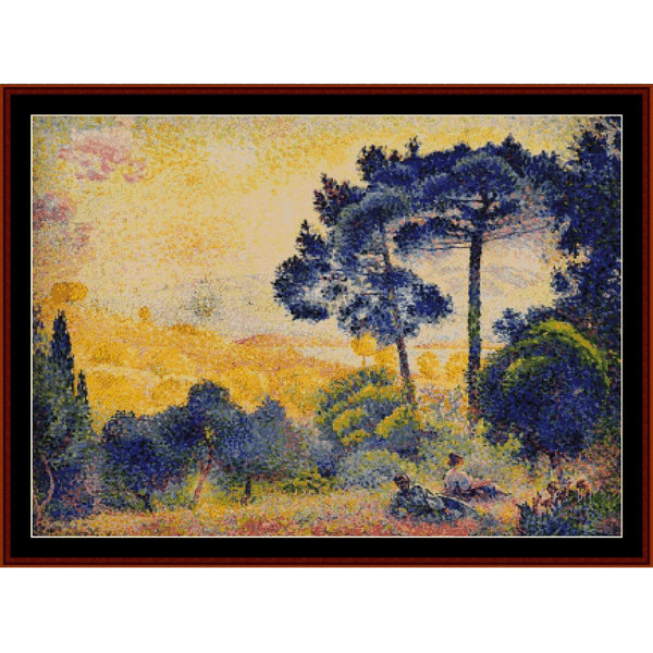 Counted Cross Stitch Pattern - Provence Landscape by H.E. Cross - Cross Stitch Collectibles - A framed landscape painting in a pointillist style, depicting blue trees and greenery under a golden yellow sky