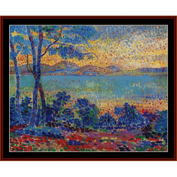 Counted Cross Stitch Pattern - Provence Landscape by Paul Signac - Cross Stitch Collectibles - A framed impressionist landscape painting featuring blue trees, a lake, and a colorful sky
