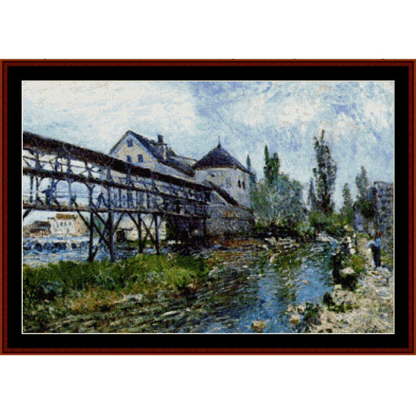 Counted Cross Stitch Pattern - Provencer's Mill at Moret by Alfred Sisley - Cross Stitch Collectibles - An impressionist-style painting of a river scene with a wooden bridge, buildings, trees, and a few small figures