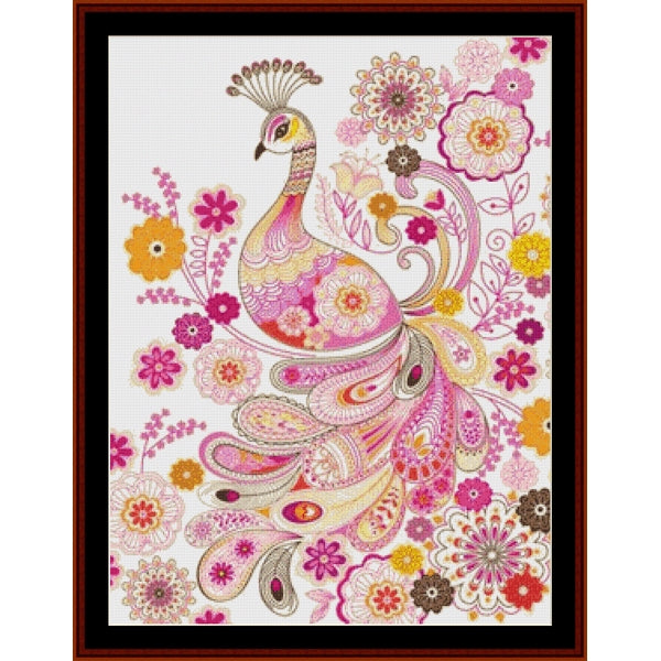 Counted Cross Stitch Pattern: Abstract Peacock - Cross Stitch Collectibles - A framed decorative artwork featuring a stylized peacock surrounded by colorful flowers and ornamental motifs. The design uses pink, magenta, orange, yellow, beige, and brown tones on a white background