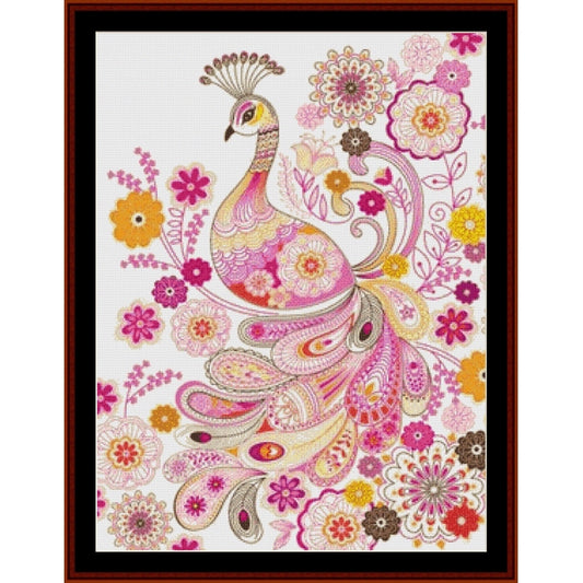 Counted Cross Stitch Pattern: Abstract Peacock - Cross Stitch Collectibles - A framed decorative artwork featuring a stylized peacock surrounded by colorful flowers and ornamental motifs. The design uses pink, magenta, orange, yellow, beige, and brown tones on a white background