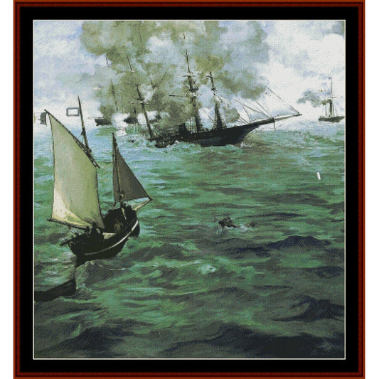 Counted Cross Stitch Pattern: Alabama and Kearsage by Edoard Manet - Cross Stitch Collectibles - A framed art print depicting a historical maritime scene with sailing and steam ships on green-blue water under a cloudy sky