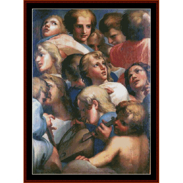Counted Cross Stitch Pattern: Angels from Correge by Correggio - Cross Stitch Collectibles - A framed classical painting depicting a crowded group of youthful figures with expressive faces