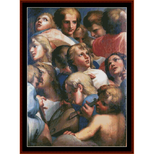 Counted Cross Stitch Pattern: Angels from Correge by Correggio - Cross Stitch Collectibles - A framed classical painting depicting a crowded group of youthful figures with expressive faces