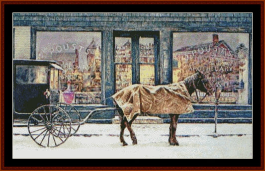 Counted Cross Stitch Pattern by Cross Stitch Collectibles of a Horse and carriage in front of a store with window displays
