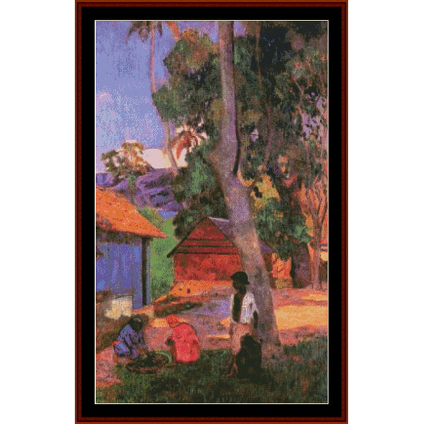 Counted Cross Stitch Pattern: Around the Huts by Paul Gauguin - Cross Stitch Collectibles - A framed art print depicting an impressionist outdoor village scene with trees, small buildings, and several people