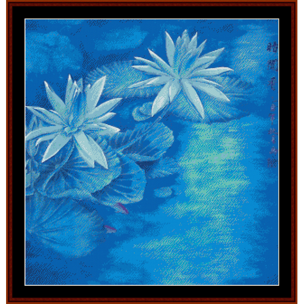 Counted Cross Stitch Pattern by Cross Stitch Collectibles of two water lilies on a blue background with a black frame.