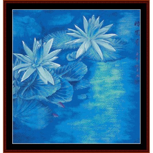 Counted Cross Stitch Pattern by Cross Stitch Collectibles of two water lilies on a blue background with a black frame.