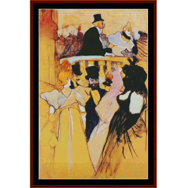 Counted Cross Stitch Pattern: At the Opera Ball by Toulouse Lautrec - Cross Stitch Collectibles - A framed art print featuring an impressionist-style painting of figures in formal attire, with a man in a black top hat on a balcony and several women in pale yellow, pink, and black dresses