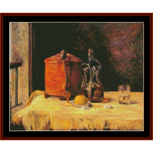 Counted Cross Stitch Pattern: At the Window by Paul Gauguin - Cross Stitch Collectibles - A framed still life painting depicting an orange-colored container, a dark glass bottle, a small yellow fruit, and a glass on a yellow tablecloth, set against a dark background