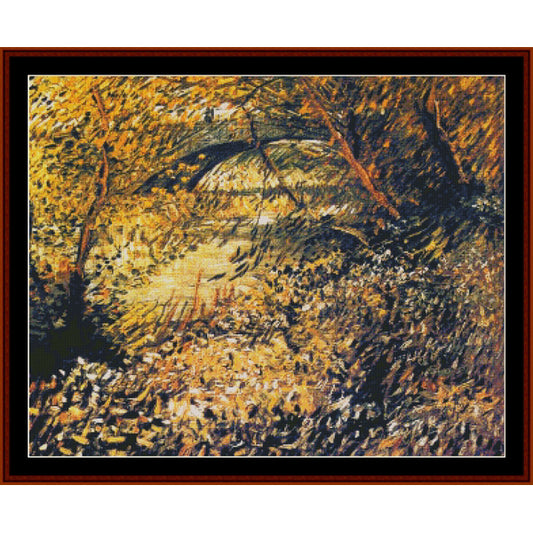Counted Cross Stitch Pattern: Banks of the Seine in Spring by Vincent Van Gogh - Cross Stitch Collectibles - Framed impressionist landscape painting featuring a bridge over water surrounded by dense yellow, green, and dark foliage