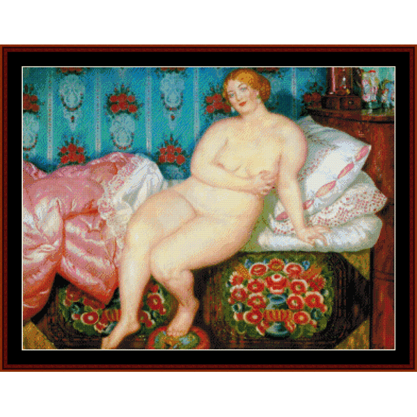 Counted Cross Stitch Pattern by Cross Stitch Collectibles depicting a nude female figure seated on a bench with ornate upholstery, based on the artwork 'Beauty, 1915' by Boris Kustodiev.