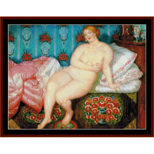 Counted Cross Stitch Pattern by Cross Stitch Collectibles depicting a nude female figure seated on a bench with ornate upholstery, based on the artwork 'Beauty, 1915' by Boris Kustodiev.